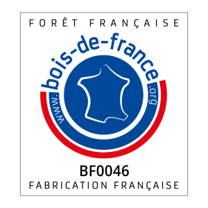 Logo du label Bois de France avec la carte de la France stylisée et les mentions "Forêt française" et "Fabrication française", garantissant l’origine locale du bois utilisé.
