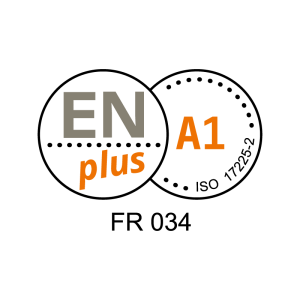 Logo de certification ENplus A1 ISO 17225-2, garantissant la qualité premium des granulés de bois pour un usage domestique performant et durable.