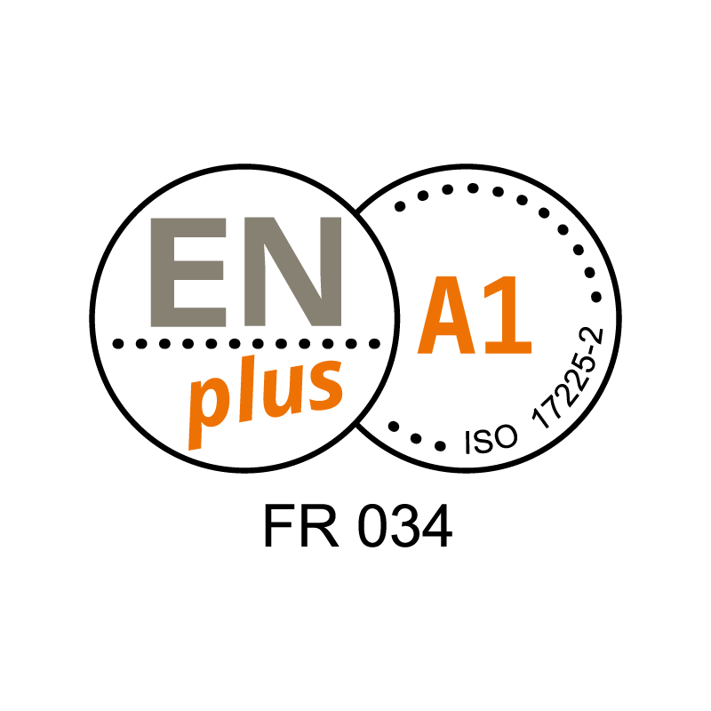 Logo de certification ENplus A1 ISO 17225-2, garantissant la qualité premium des granulés de bois pour un usage domestique performant et durable.