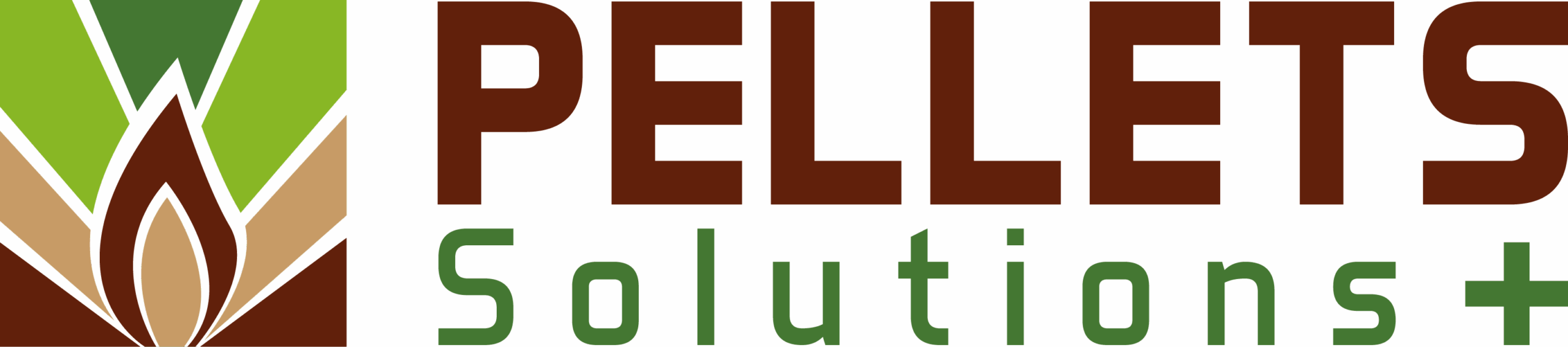 Logo de la marque Pellets Solutions+ représentant une flamme stylisée en teintes bois et vertes, symbolisant l’énergie naturelle et durable des granulés de bois.