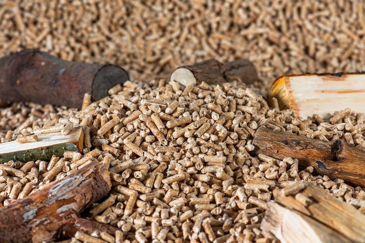 Main tenant des granulés de bois brun clair, utilisés comme biocombustible pour poêles ou chaudières à bois, illustrant la qualité du produit fini en sortie de production.